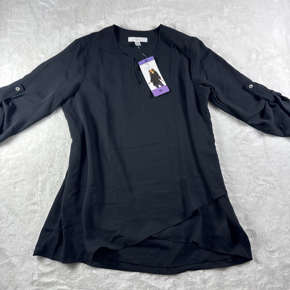 Fever Womens V Neck Roll Tab Long Sleeve Lightweight Tunic Blouse Black Size XS